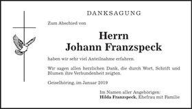 Traueranzeige Johann Franzspeck