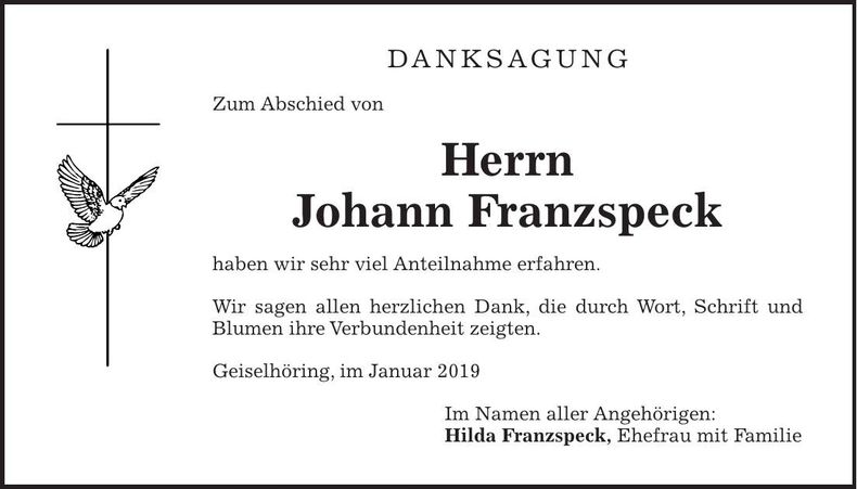 Traueranzeige Johann Franzspeck