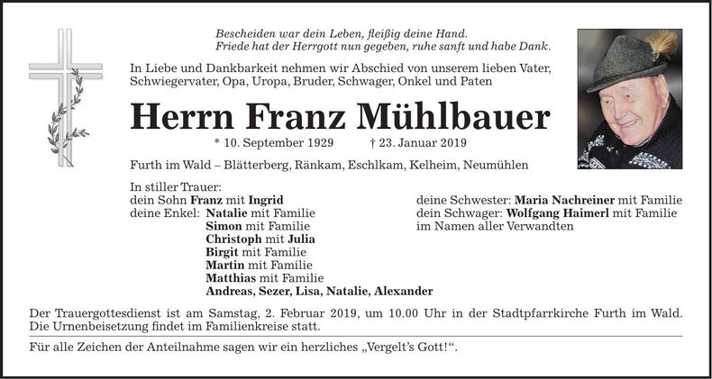 Traueranzeige Franz Mühlbauer