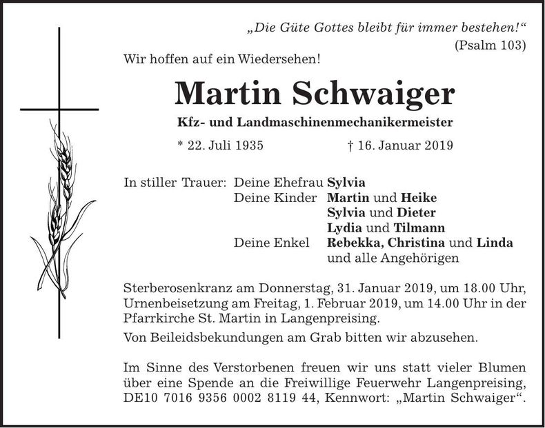 Traueranzeige Martin Schwaiger