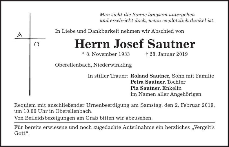 Traueranzeige Josef Sautner