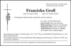 Traueranzeige Franziska Groß