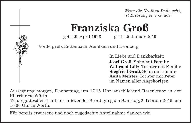 Traueranzeige Franziska Groß
