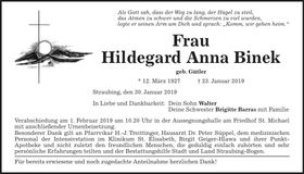 Traueranzeige Hildegard Anna Binek