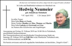 Traueranzeige Hedwig Neumeier