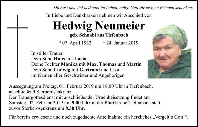 Traueranzeige Hedwig Neumeier
