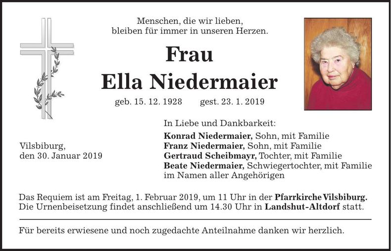 Traueranzeige Ella Niedermaier