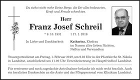 Traueranzeige Franz Josef Schreil