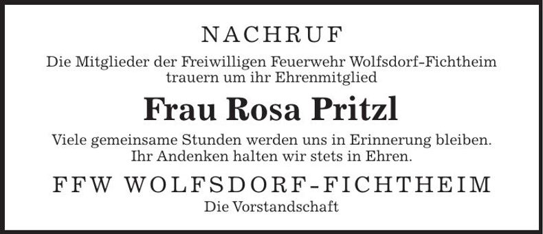 Traueranzeige Rosa Pritzl