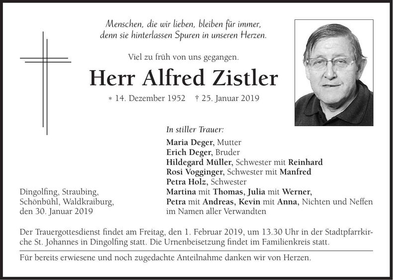 Traueranzeige Alfred Zistler