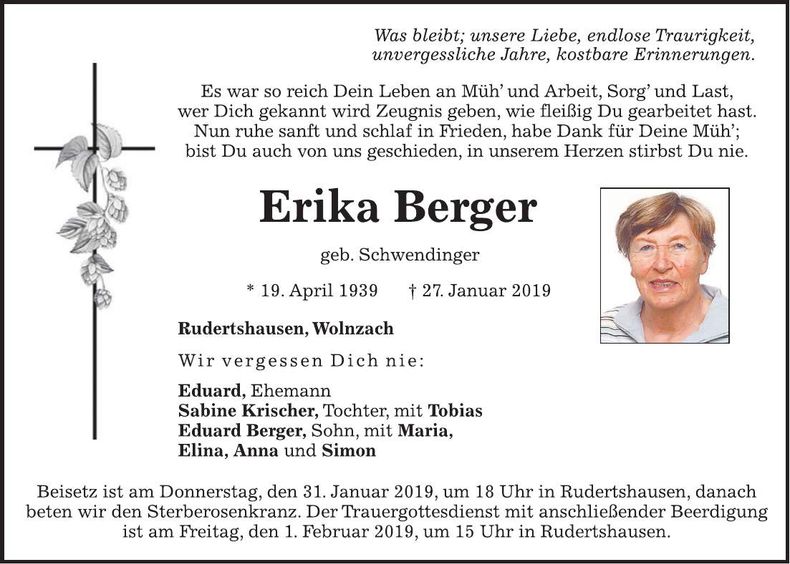 Traueranzeige Erika Berger