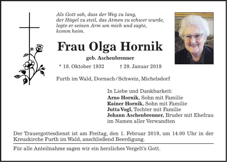 Traueranzeige Olga Hornik