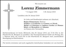 Traueranzeige Lorenz Zimmermann