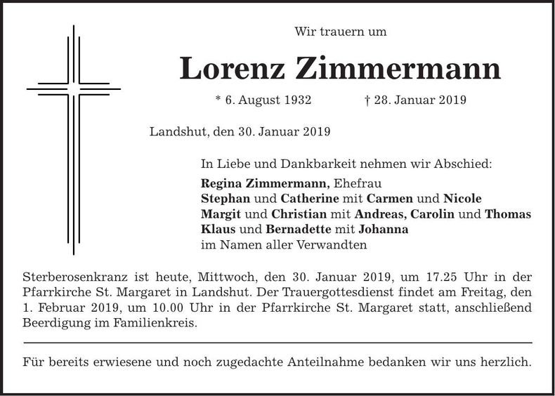 Traueranzeige Lorenz Zimmermann