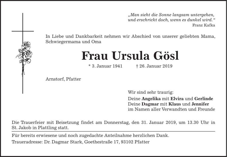 Traueranzeige Ursula Gösl