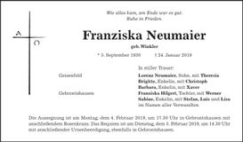 Traueranzeige Franziska Neumaier
