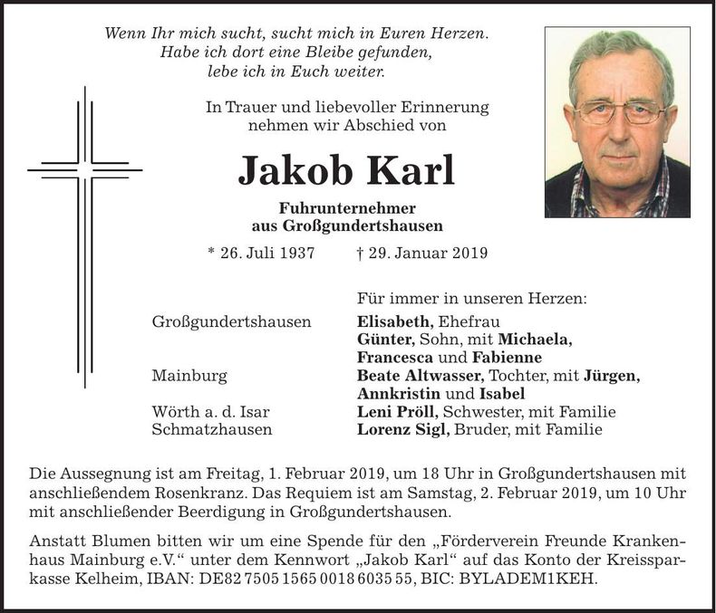 Traueranzeige Jakob Karl