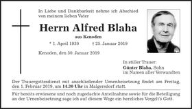 Traueranzeige Alfred Blaha