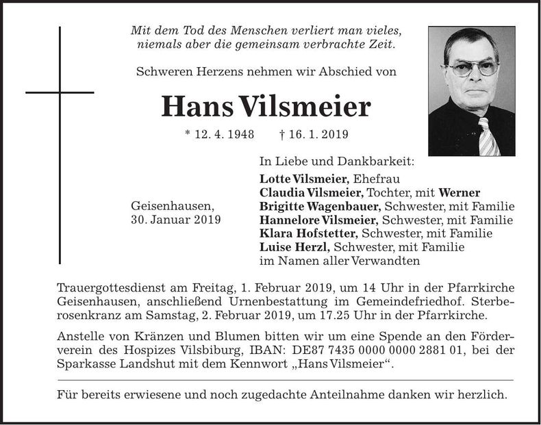 Traueranzeige Hans Vilsmeier