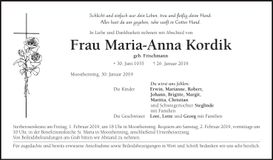 Traueranzeige Maria-Anna Kordik