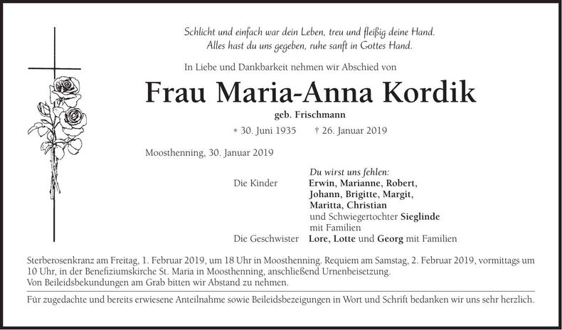 Traueranzeige Maria-Anna Kordik