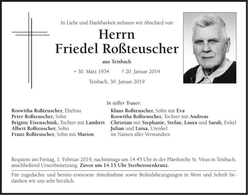 Traueranzeige Friedel Roßteuscher