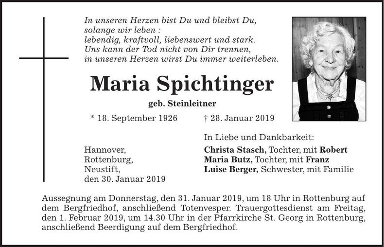 Traueranzeige Maria Spichtinger