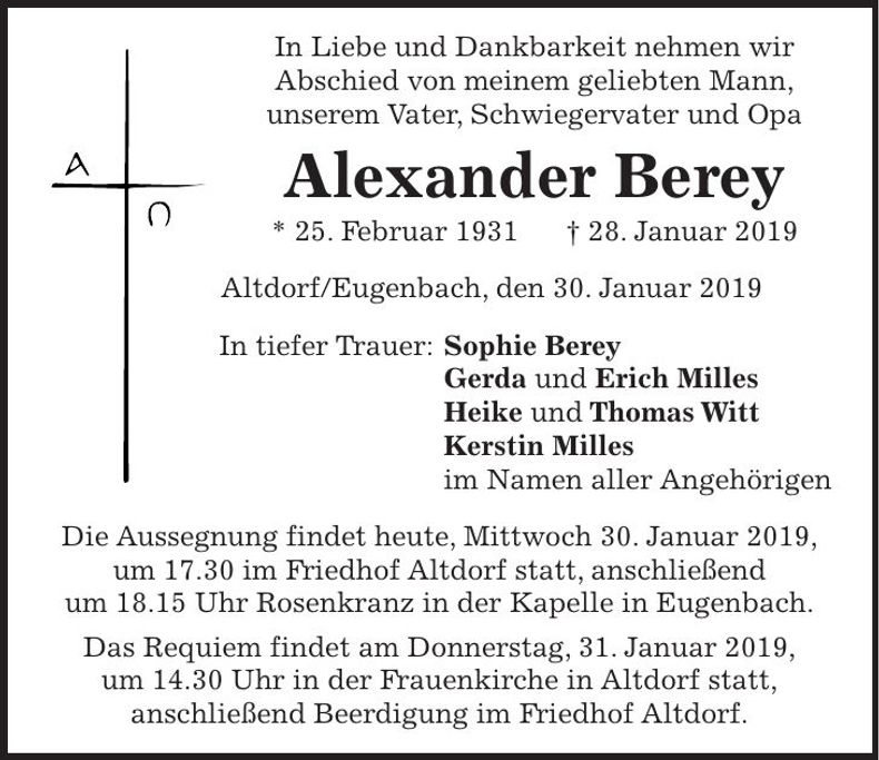 Traueranzeige Alexander Berey