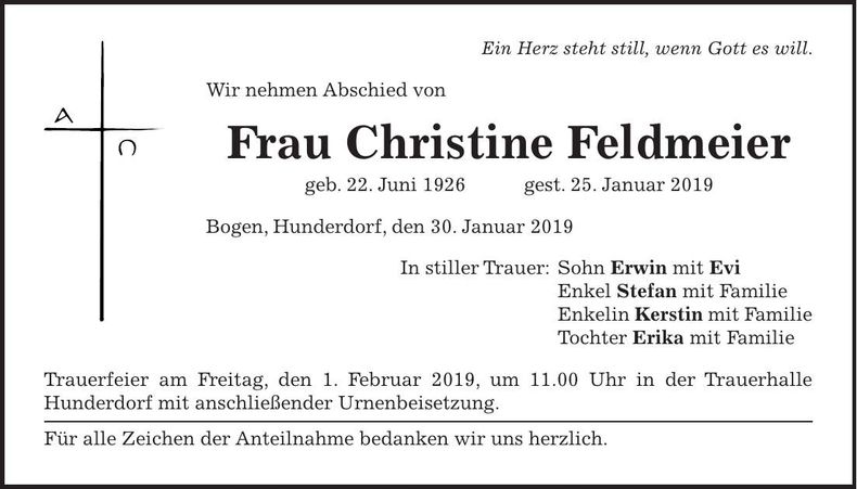 Traueranzeige Christine Feldmeier