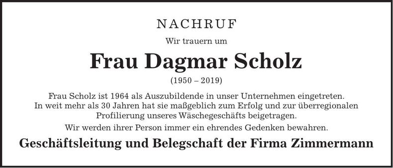 Traueranzeige Dagmar Scholz