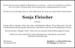 Traueranzeige Sonja Fleischer