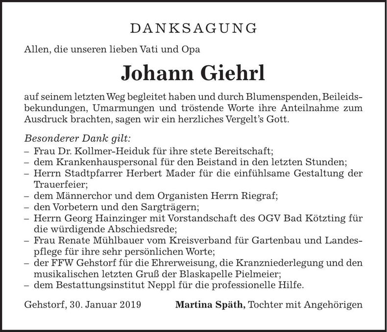 Traueranzeige Johann Giehrl