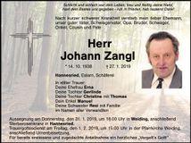 Traueranzeige Johann Zangl