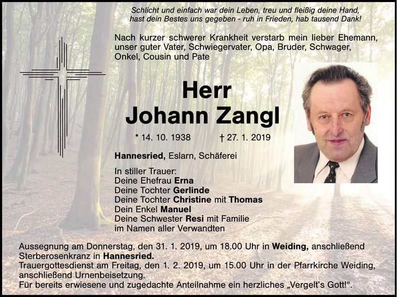 Traueranzeige Johann Zangl