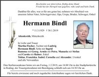 Traueranzeige Hermann Bindl