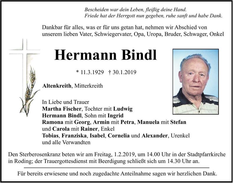 Traueranzeige Hermann Bindl