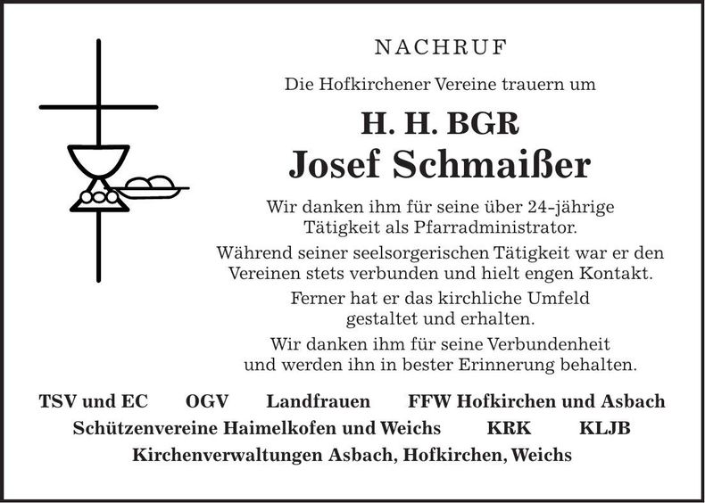 Traueranzeige Josef Schmaißer