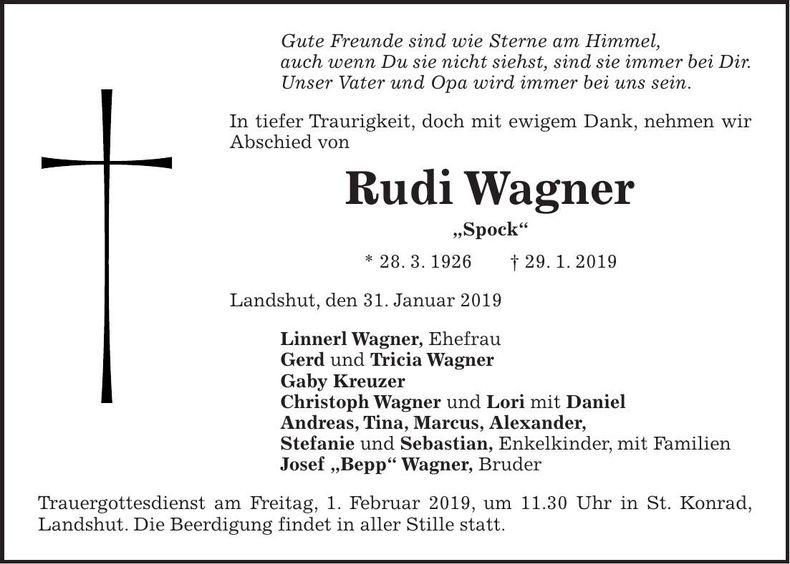 Traueranzeige Rudi Wagner