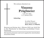Traueranzeige Vinzenz Prüglmeier