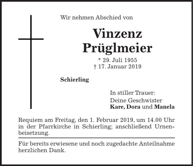 Traueranzeige Vinzenz Prüglmeier