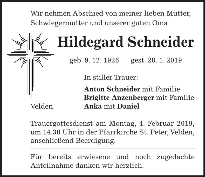Traueranzeige Hildegard Schneider
