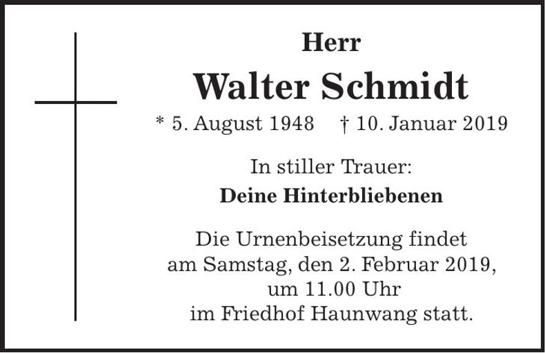 Traueranzeige Walter Schmidt