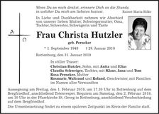 Traueranzeige Christa Hutzler