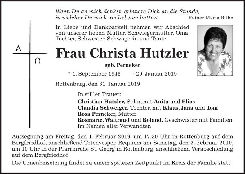 Traueranzeige Christa Hutzler