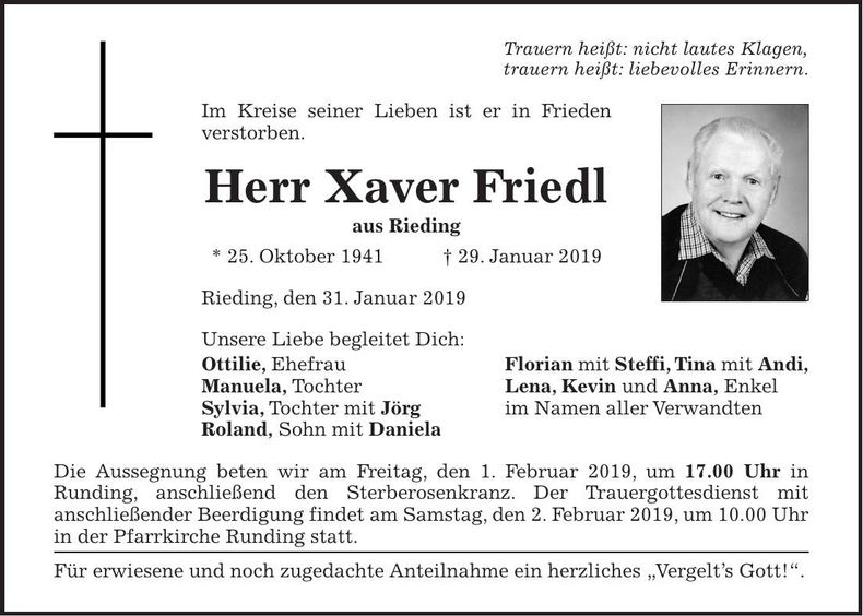 Traueranzeige Xaver Friedl