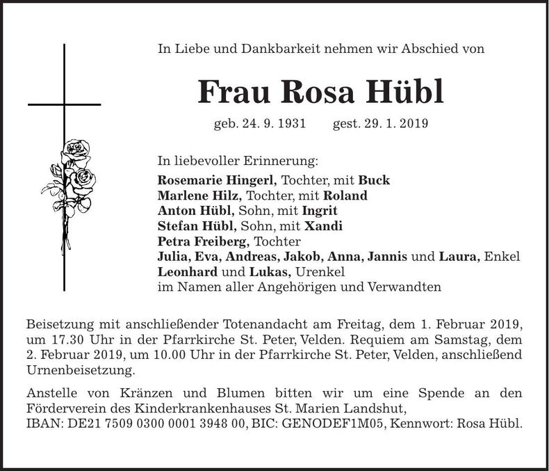 Traueranzeige Rosa Hübl