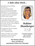 Traueranzeige Sabine Hamberger