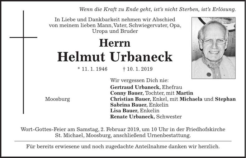 Traueranzeige Helmut Urbaneck