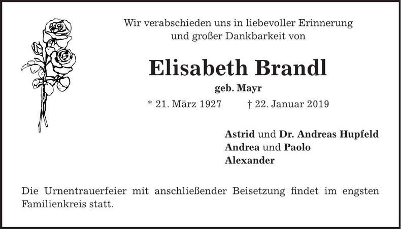 Traueranzeige Elisabeth Brandl