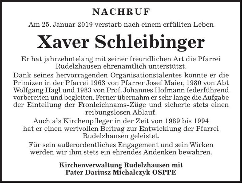 Traueranzeige Xaver Schleibinger